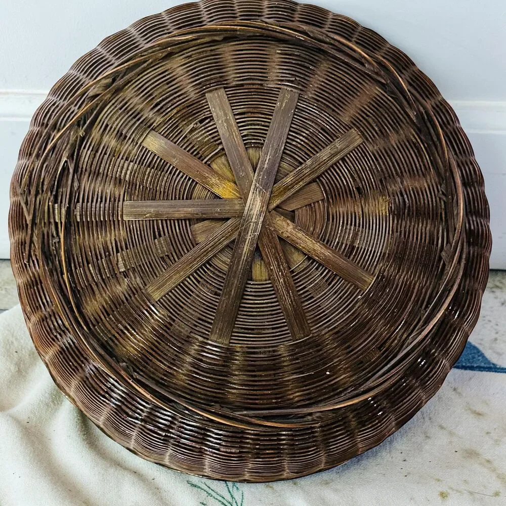 Vintage 1950's Sewing Basket with Lid Yarn & Needles Woven Rattan Sewing Storage